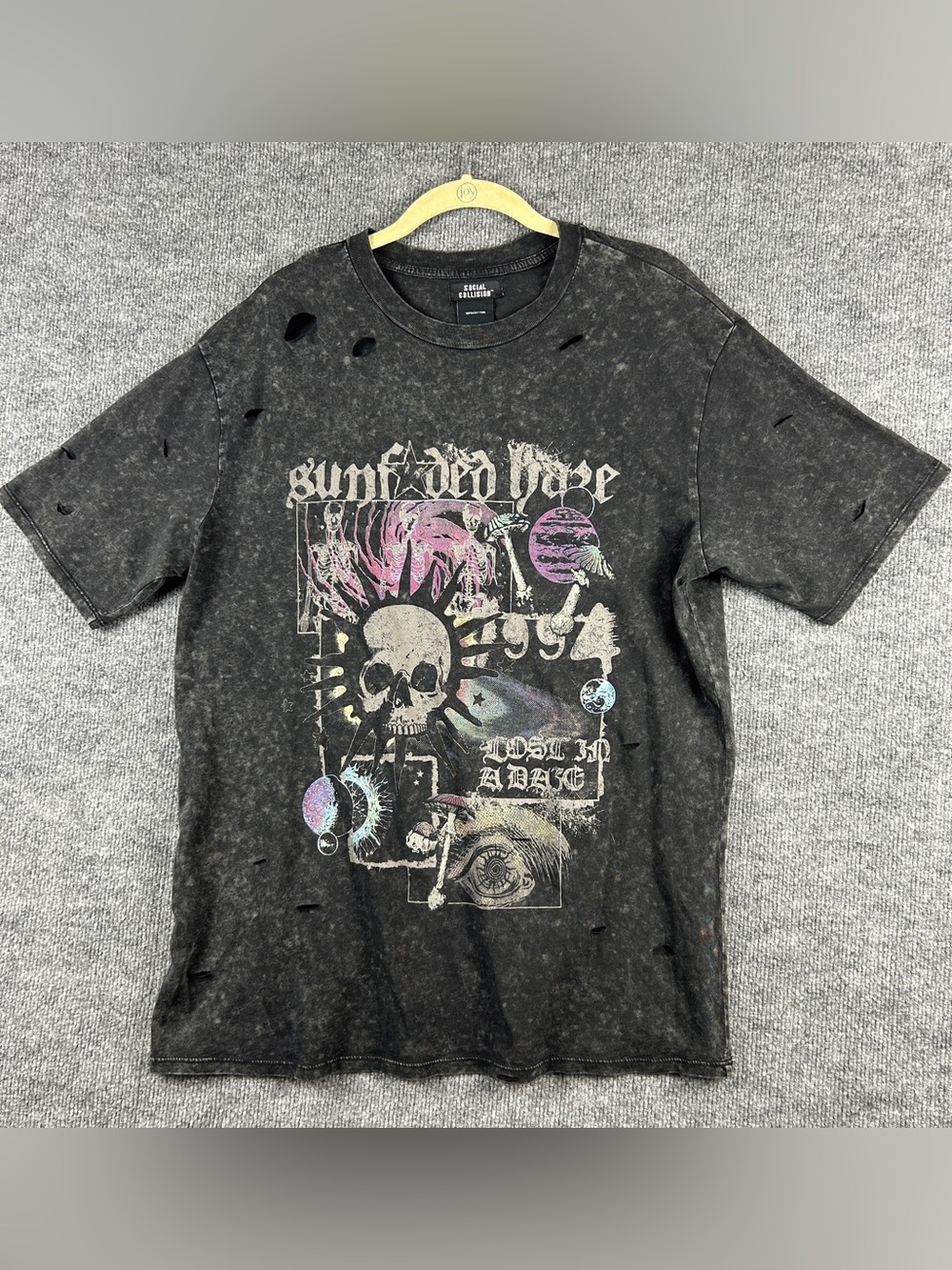Social Collision Mineral Acid Wash Distressed Skull Punk Graphic Tee Size Mens M